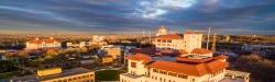 Aerial view of campus at sunset